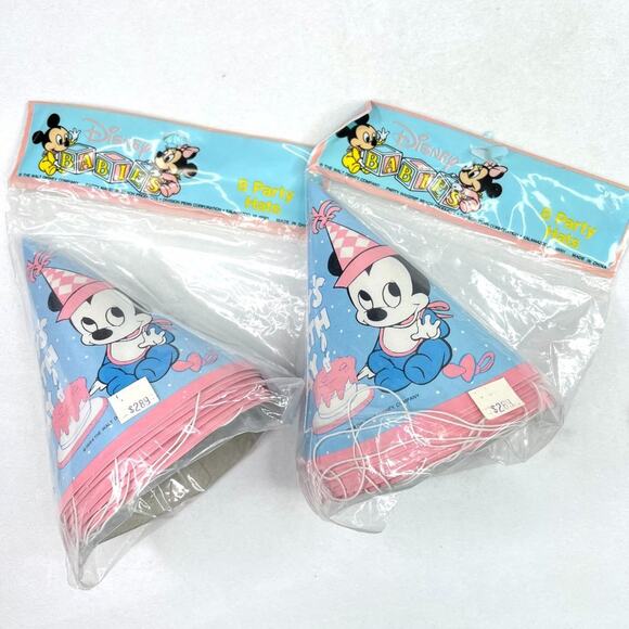 Vintage Disney Babies Blue & Pink Mickey Mouse Party Hat Set of 16 - Picture 1 of 4